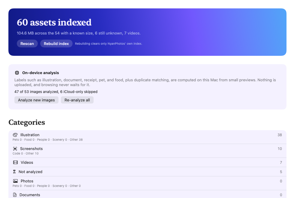 The Overview screen: an indexed count on a night-blue band, an on-device analysis panel, and a category list with counts.